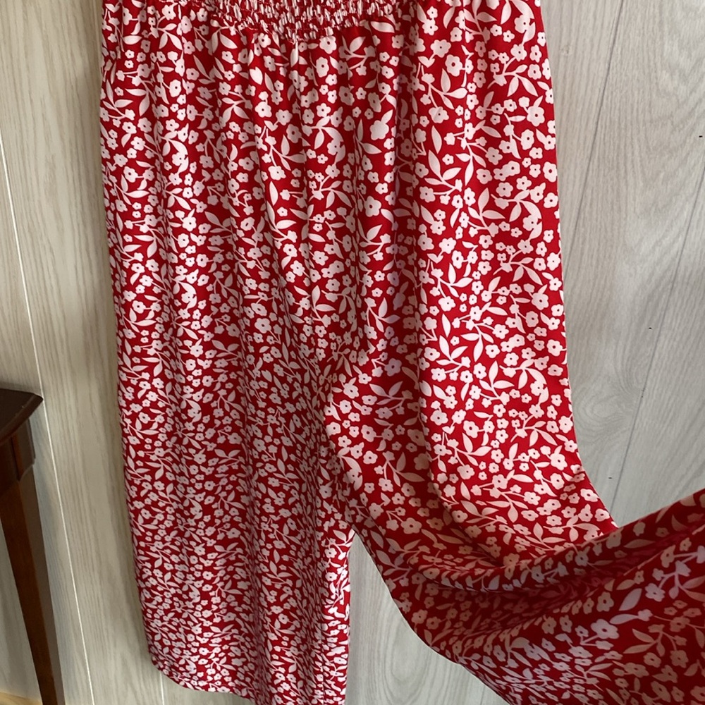 SHEIN Red and White Puff Sleeve Maxi wide leg Romper - Picture 3 of 7
